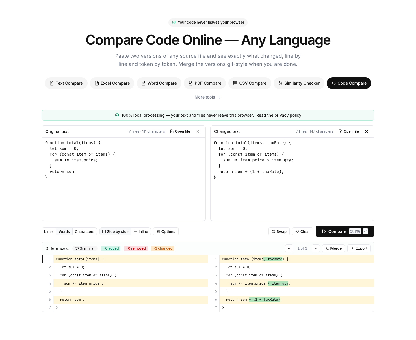 Code Compare showing an example comparison result with differences highlighted