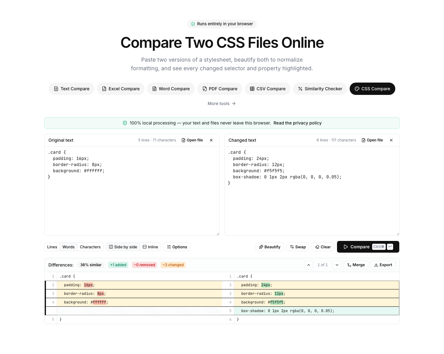 CSS Compare showing an example comparison result with differences highlighted