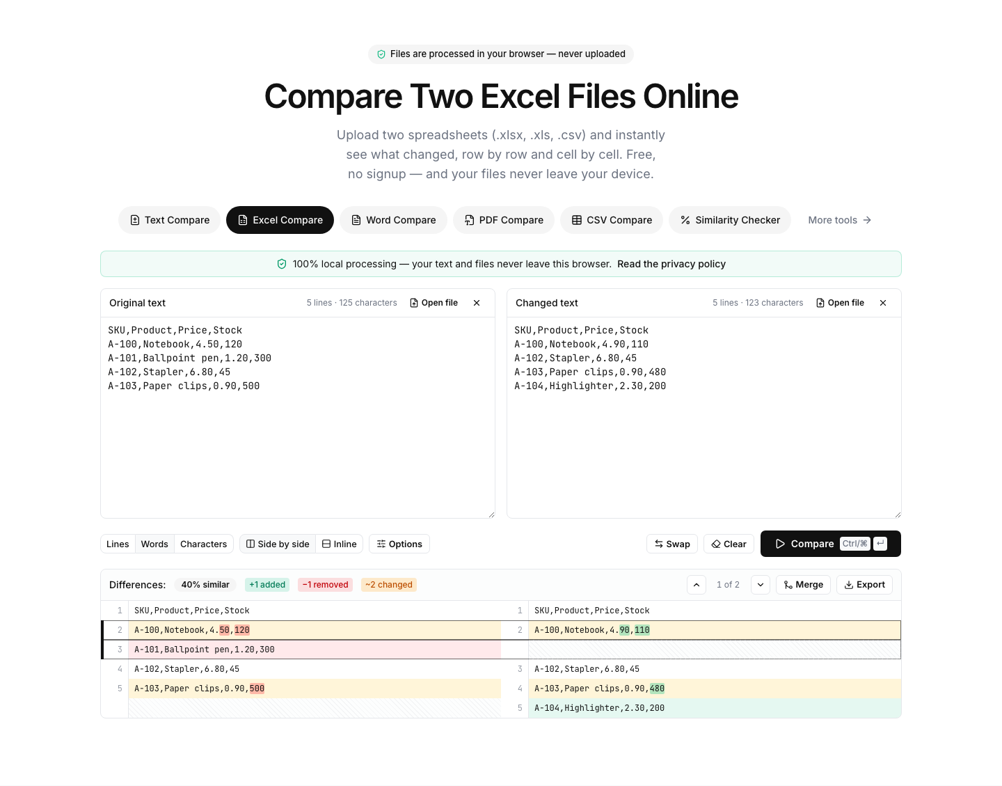 Excel Compare showing an example comparison result with differences highlighted