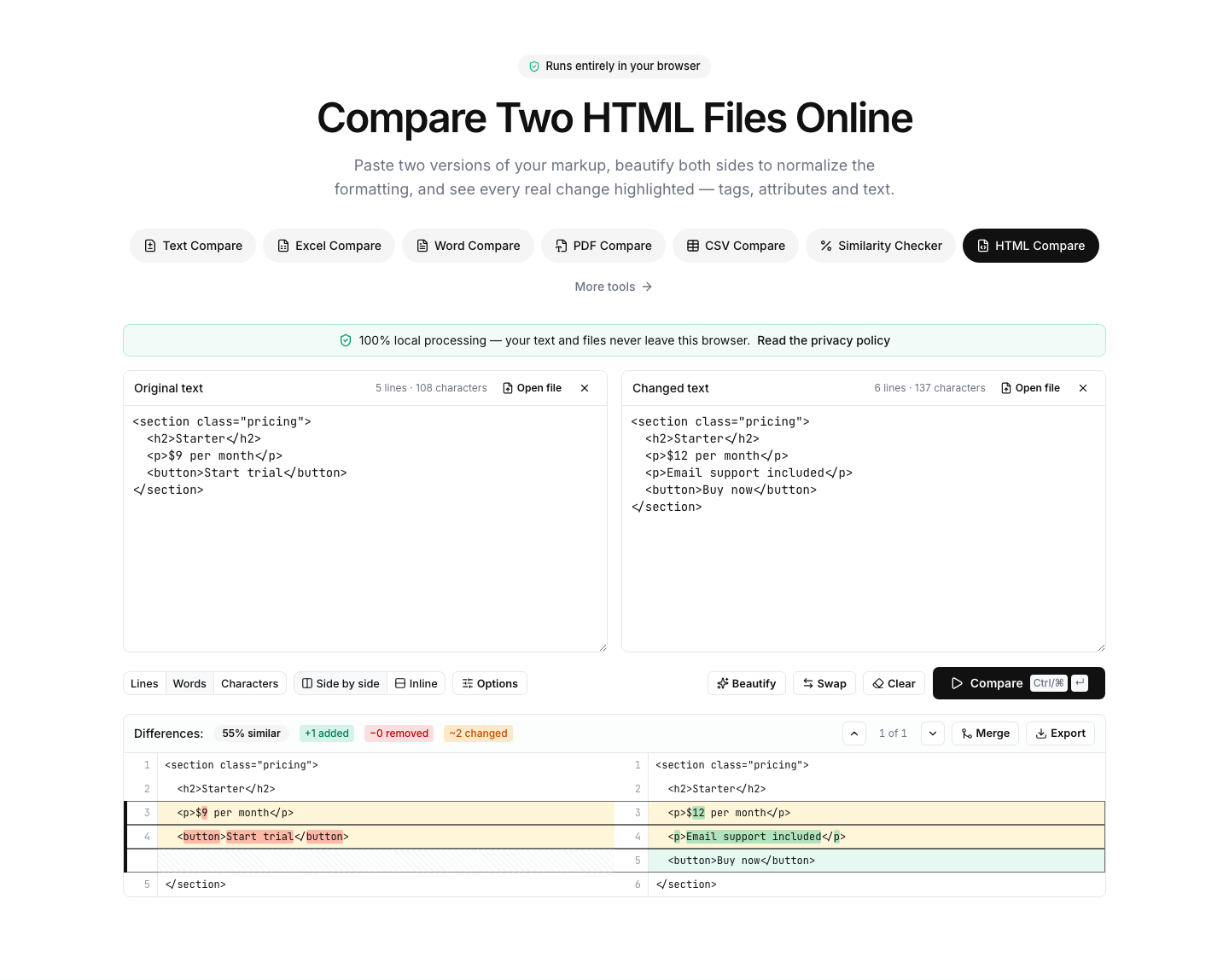 HTML Compare showing an example comparison result with differences highlighted