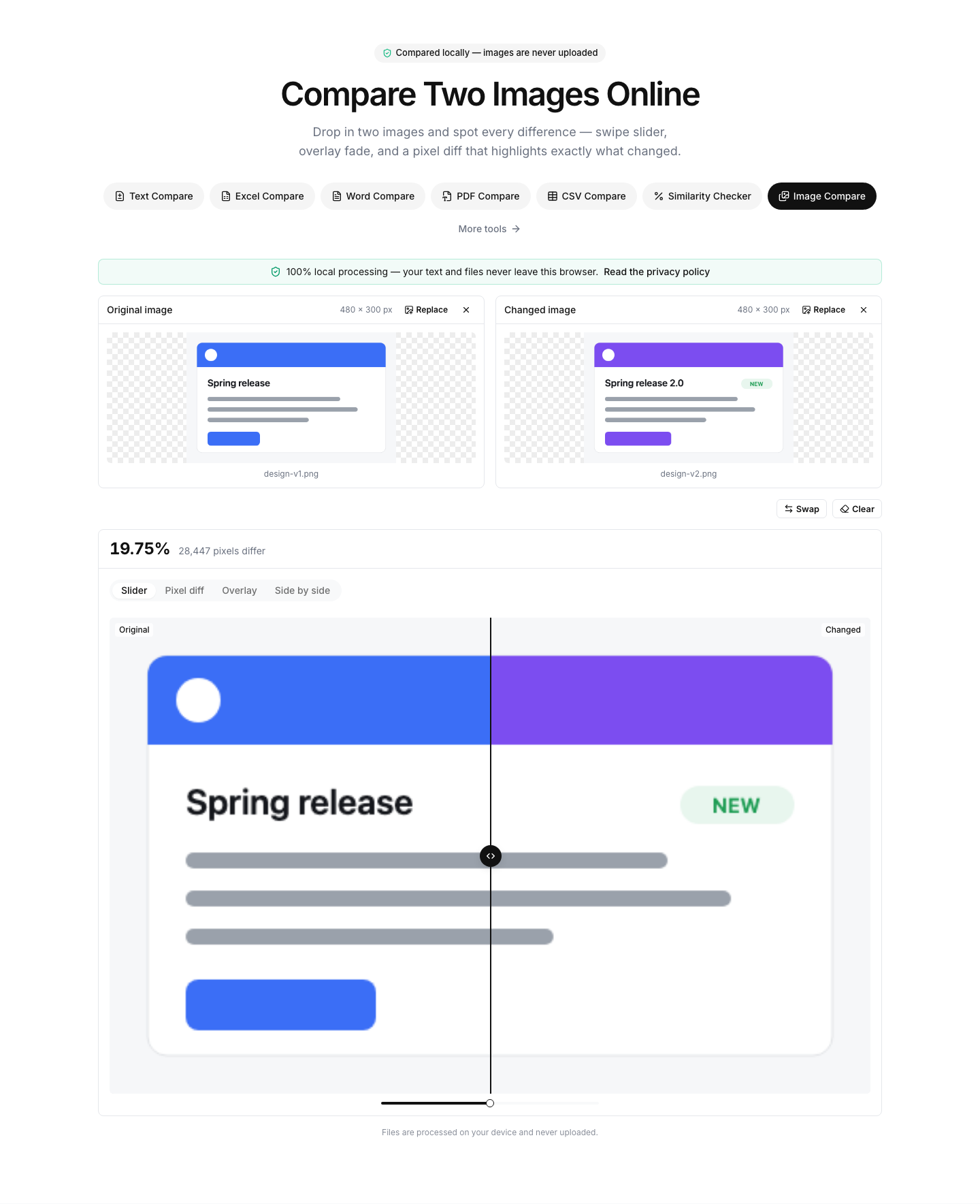 Image Compare showing an example comparison result with differences highlighted