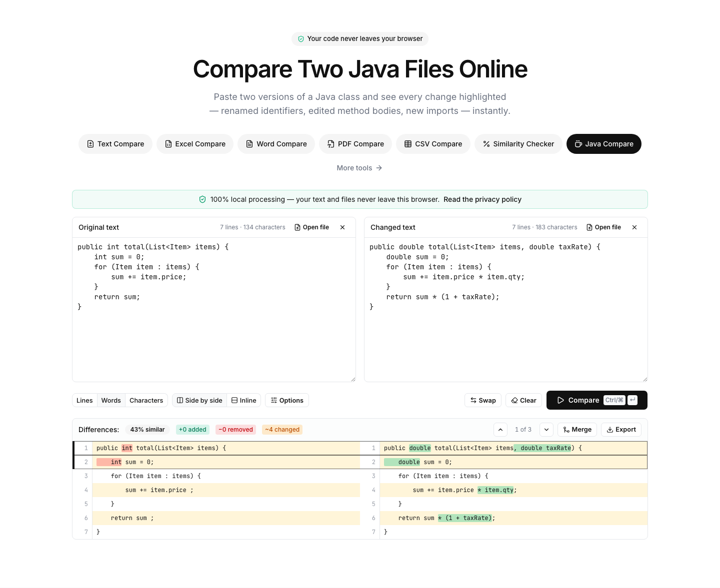 Java Compare showing an example comparison result with differences highlighted
