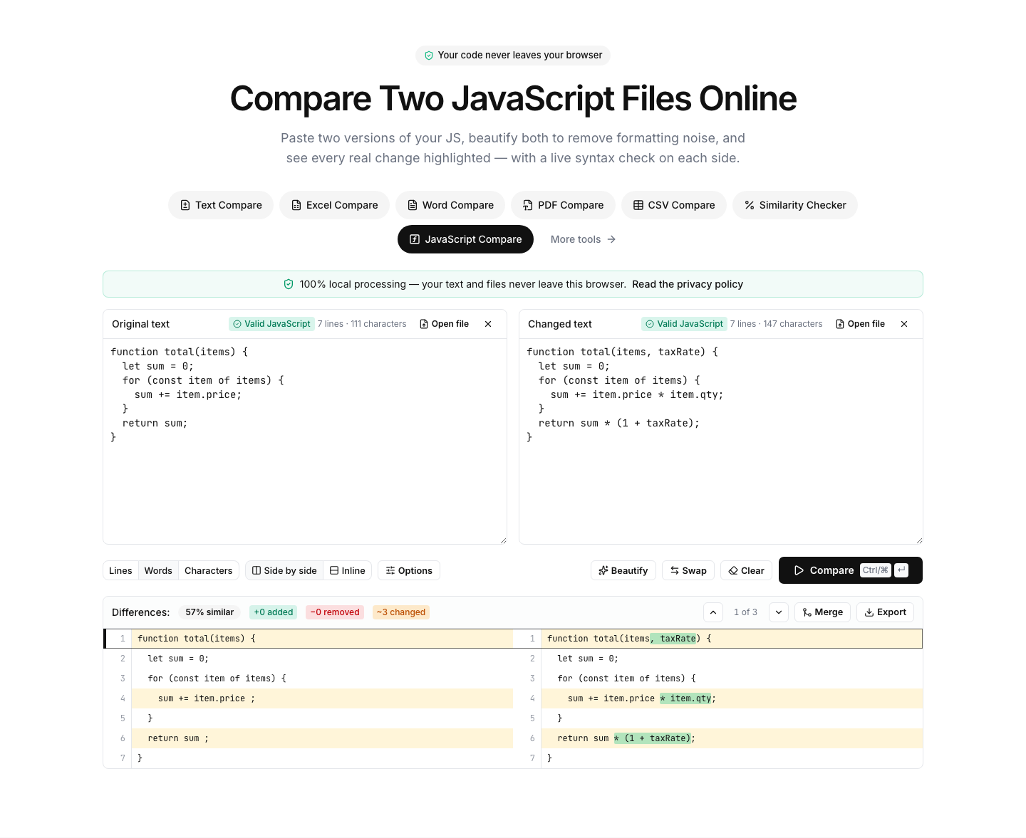 JavaScript Compare showing an example comparison result with differences highlighted