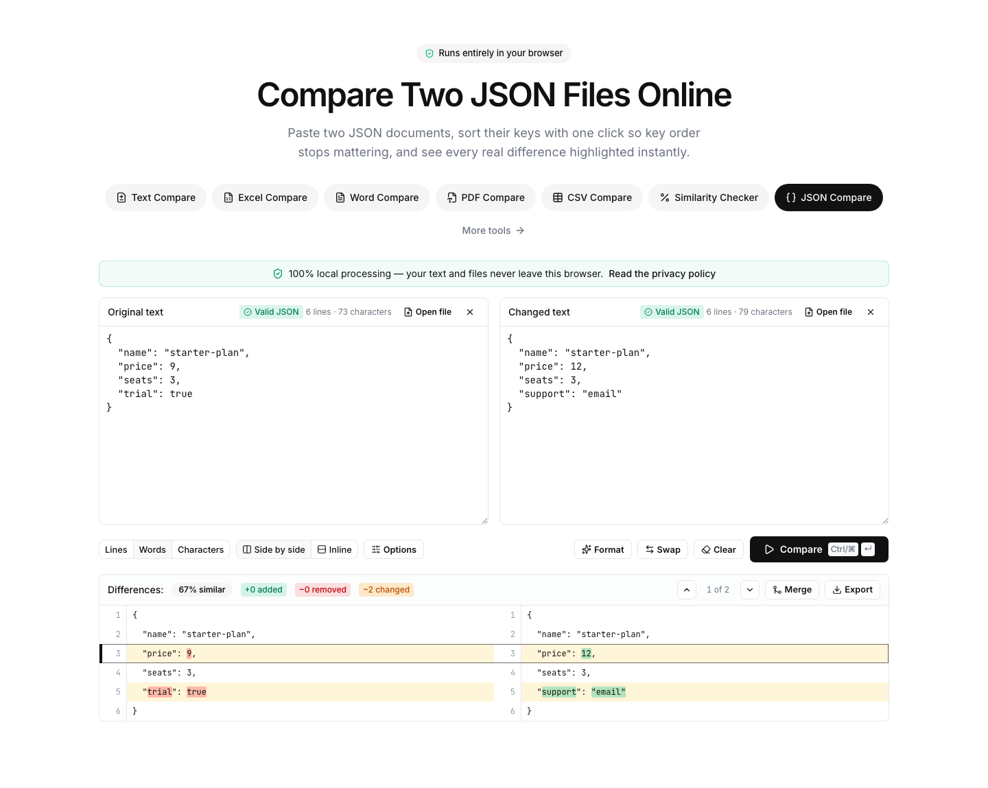 JSON Compare showing an example comparison result with differences highlighted
