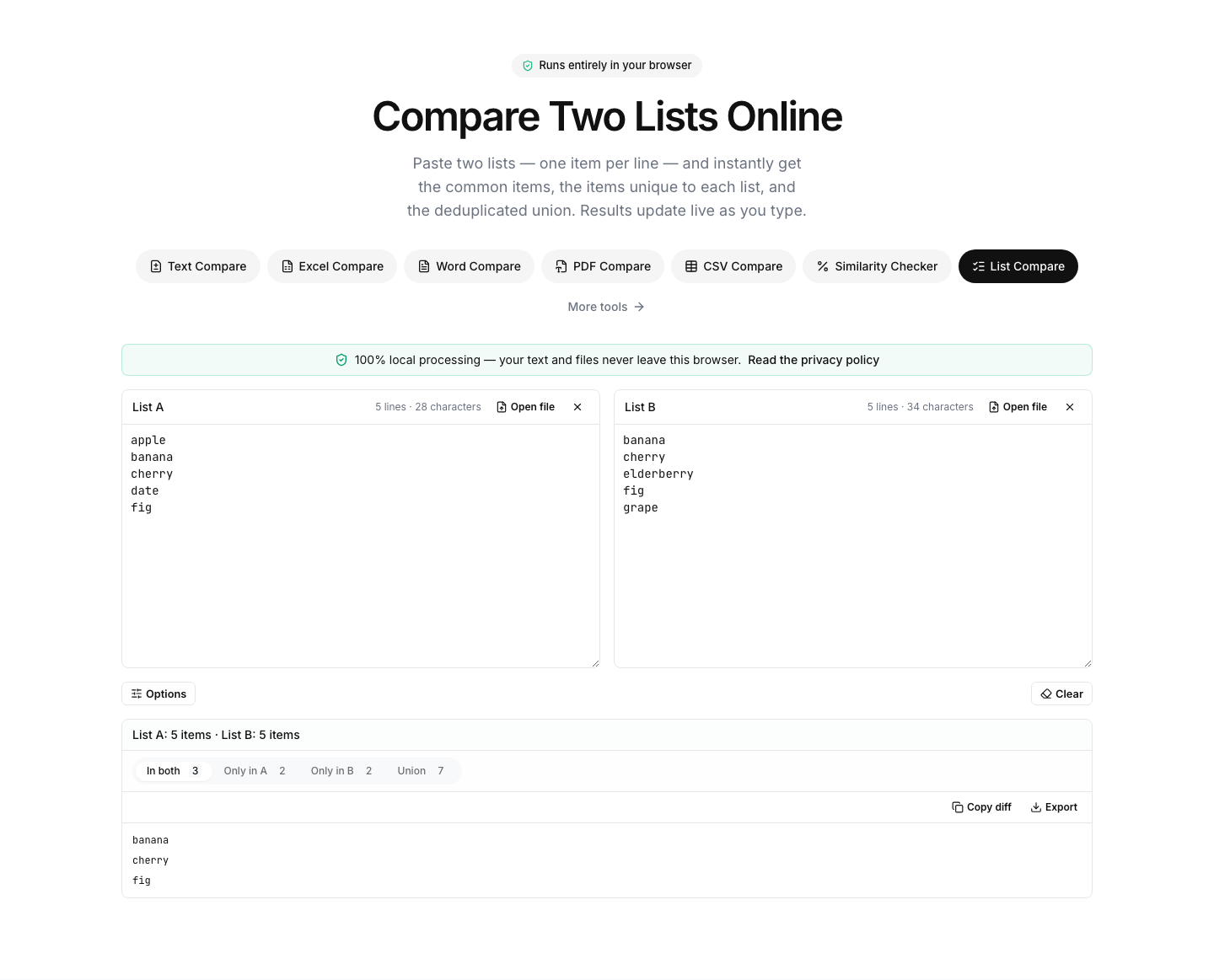 List Compare showing an example comparison result with differences highlighted