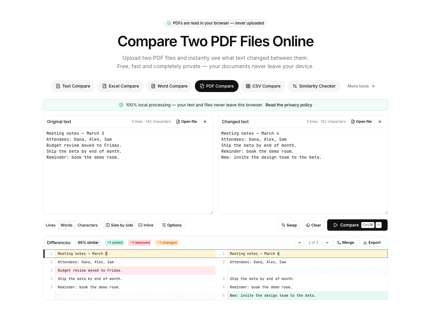 PDF Compare showing an example comparison result with differences highlighted