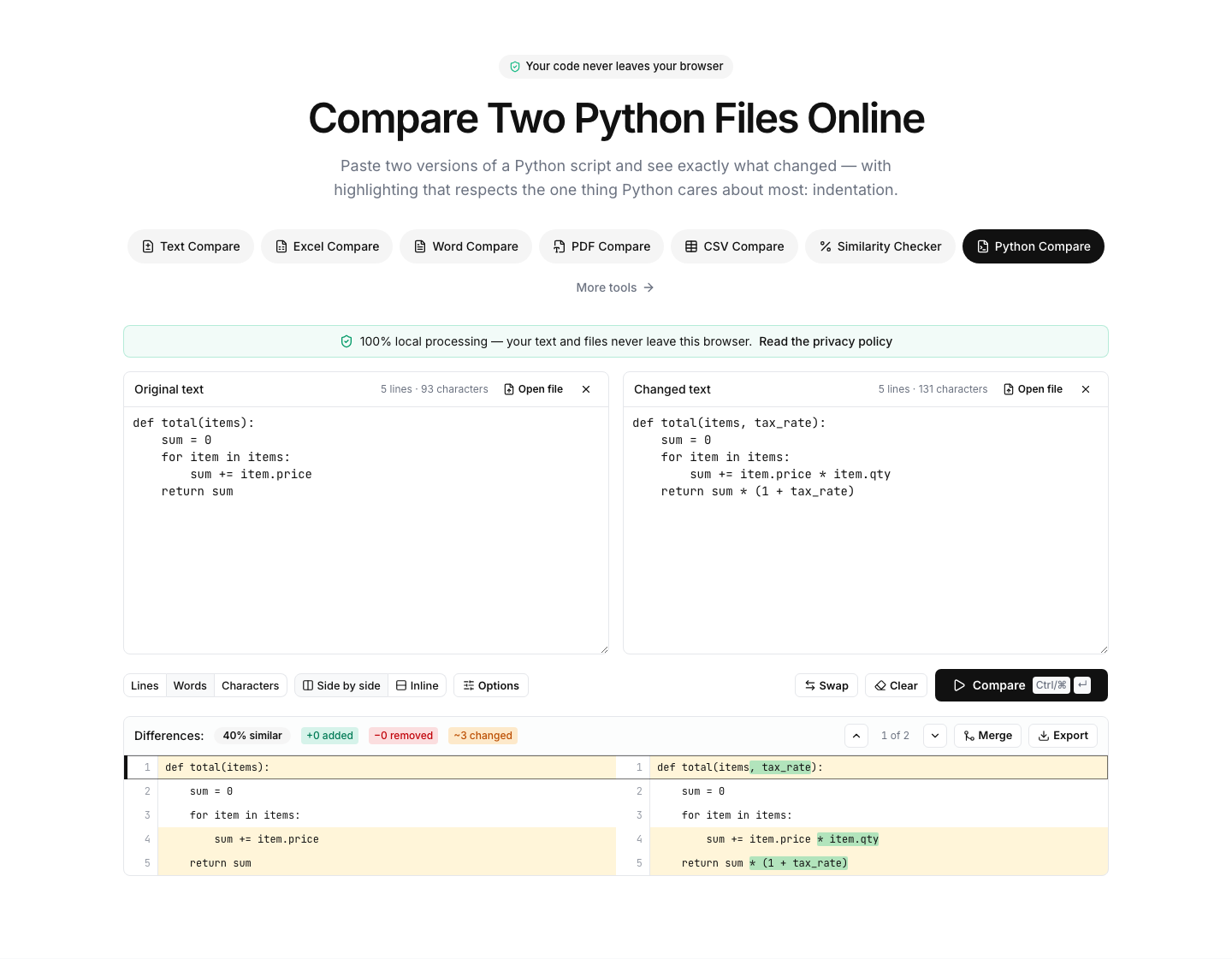 Python Compare showing an example comparison result with differences highlighted