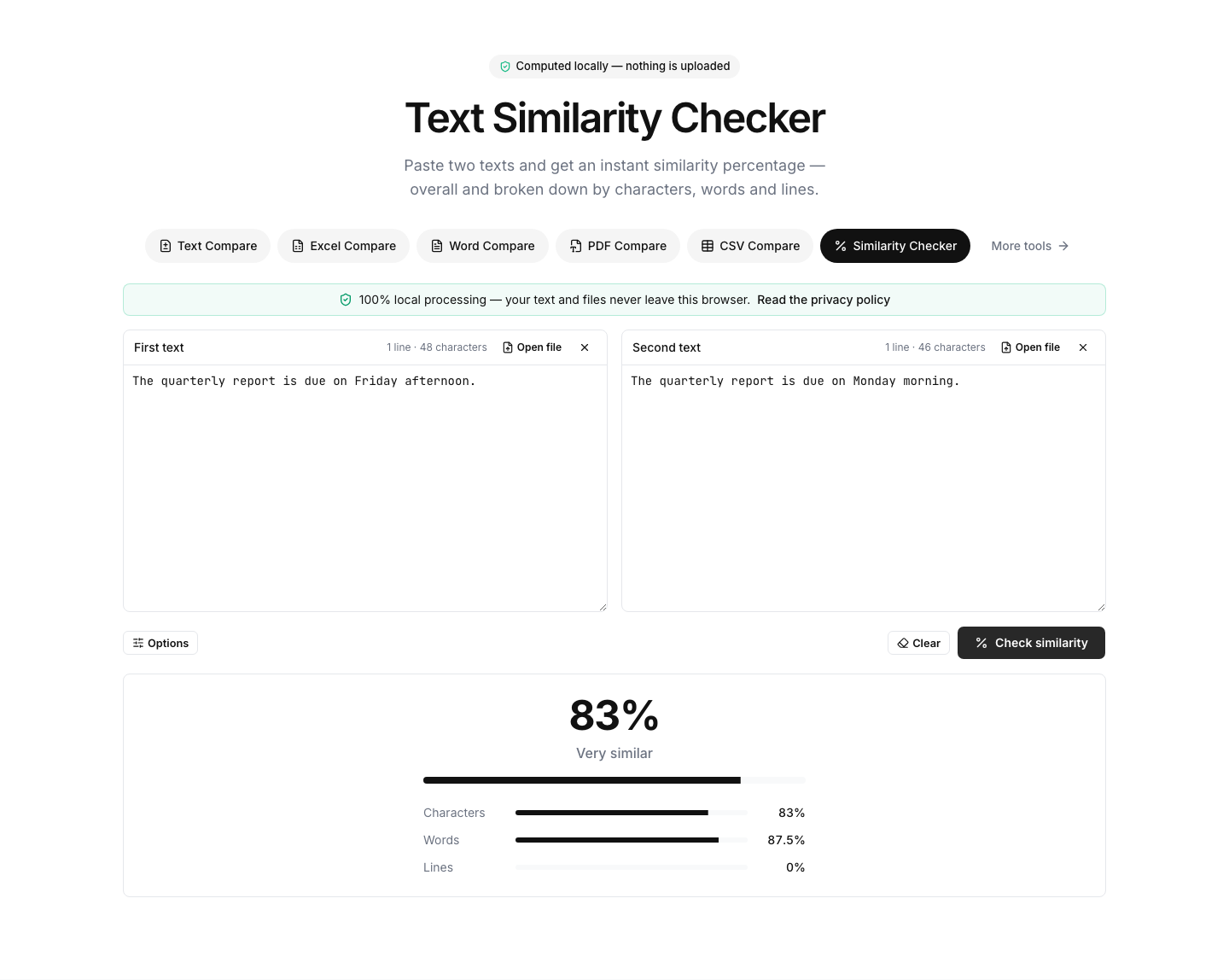 Similarity Checker showing an example comparison result with differences highlighted
