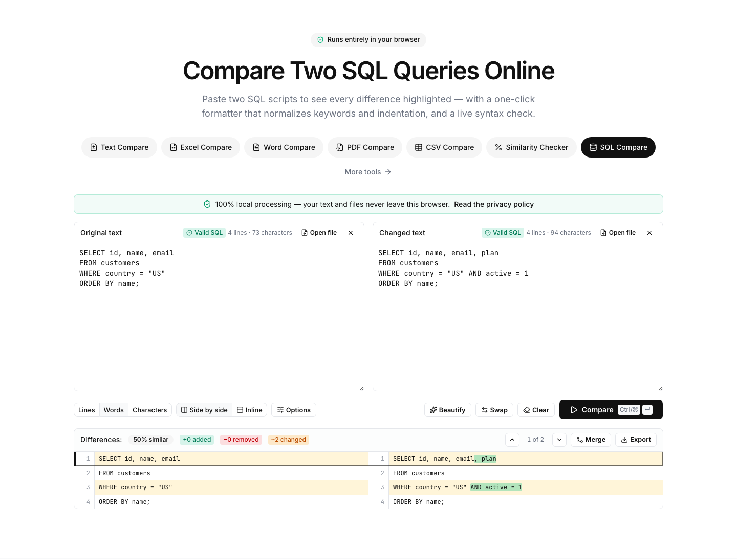 SQL Compare showing an example comparison result with differences highlighted