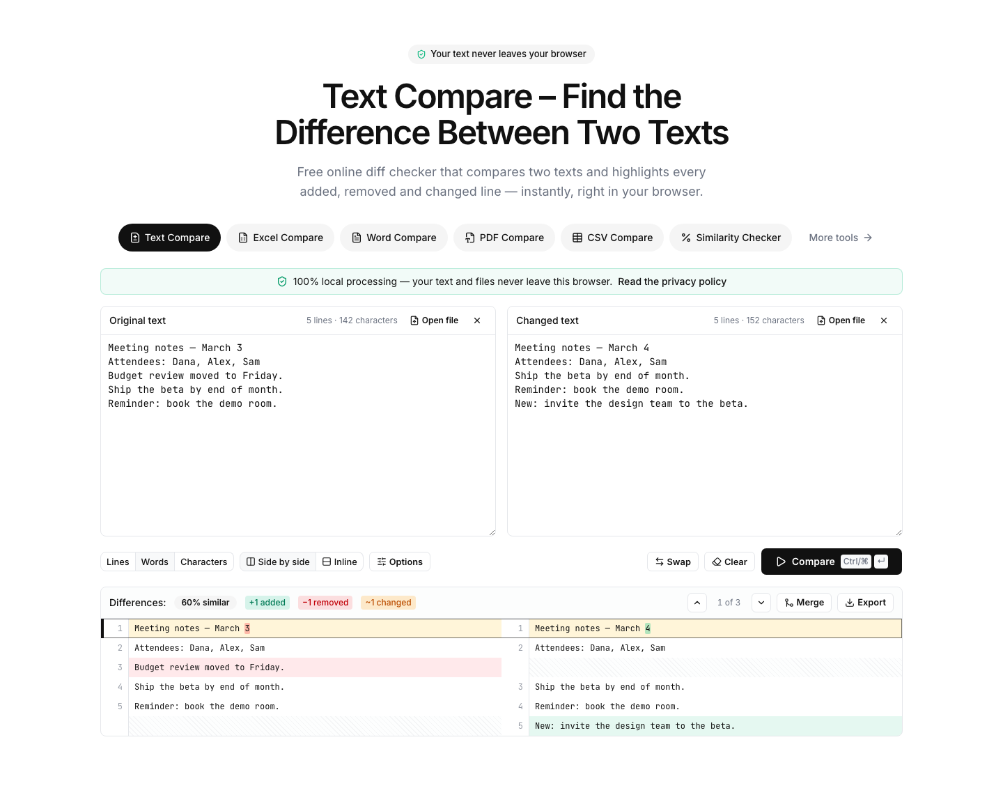Text Compare showing an example comparison result with differences highlighted