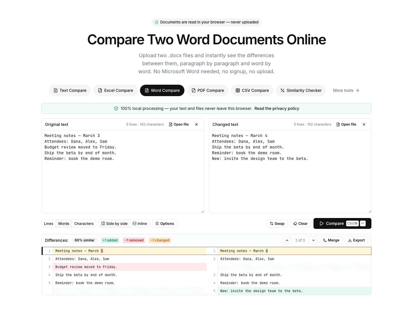 Word Compare showing an example comparison result with differences highlighted