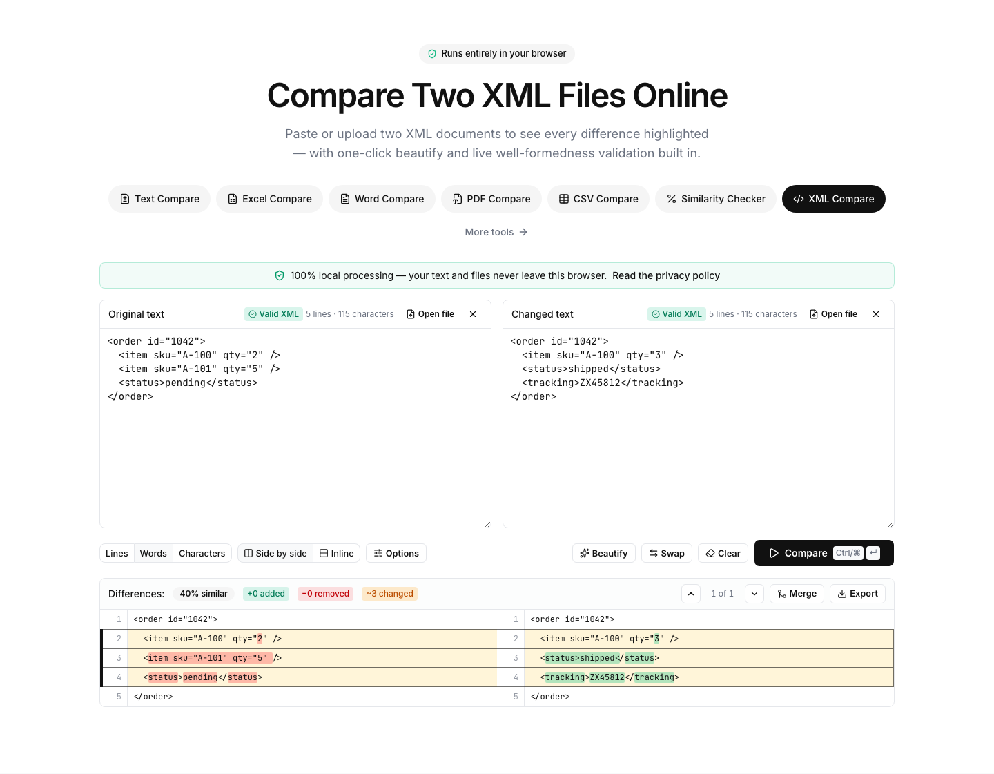 XML Compare showing an example comparison result with differences highlighted